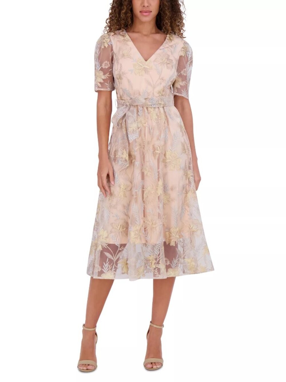kensie Women's Embroidered Mesh Tie-Waist Midi Dress Champagne